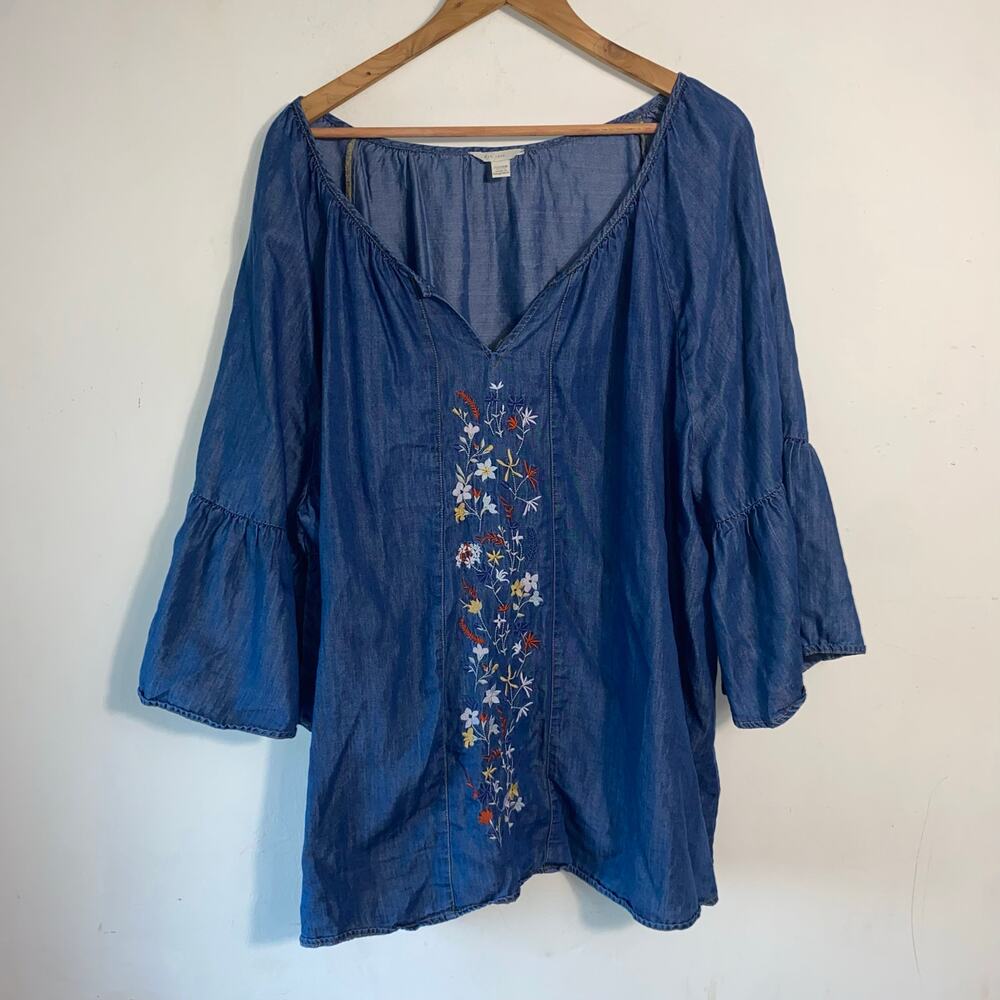 Blue Chambray Embroidered Prairie Top 22/24W Bell Sleeves Boho Fall Cottagecore - Picture 1 of 6